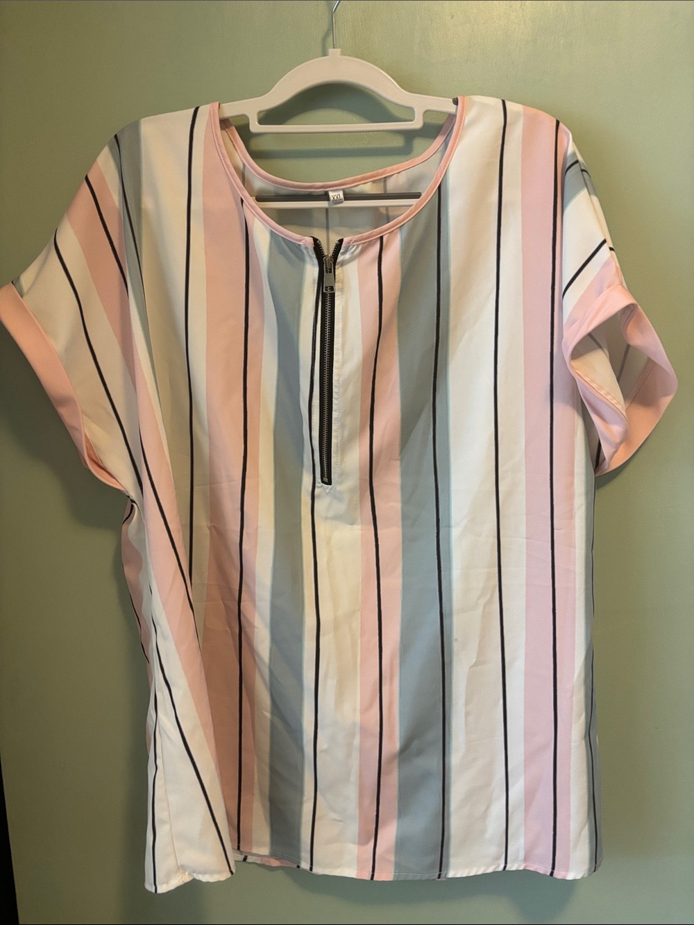 Striped Zip-Front Women’s Top in Pastel Pink and White